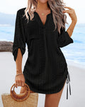 Womens Solid-Color Hollowed-Out Side-Pleated Tie-Detail Dress