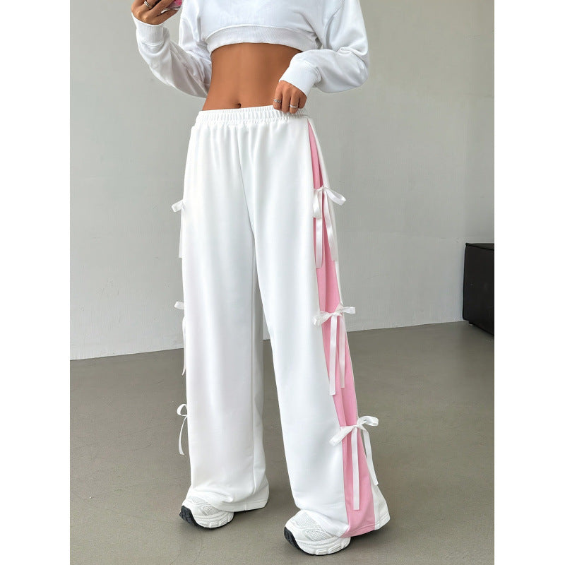 Women's Elastic-Waist Contrasting-Color Straight-Cut Casual Sports Pants