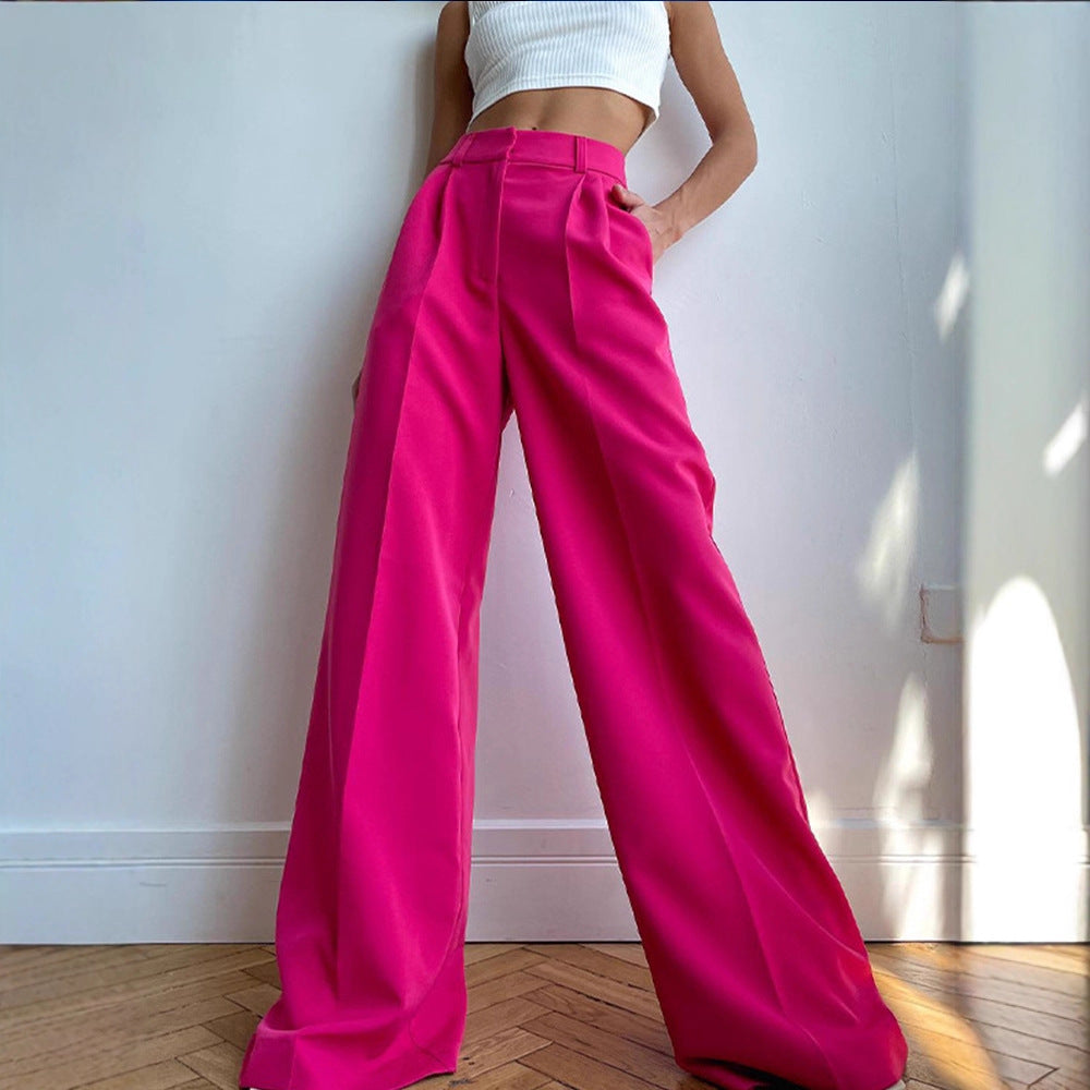 Womens Casual High-Waist Wide-Leg Suit Pants Solid Color Slimming And Stylish