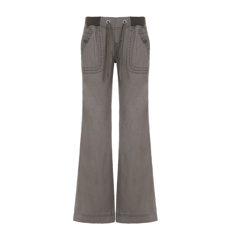Pocket Contrast Color Thread Waist Head Made Old Low Waist Straight Jeans