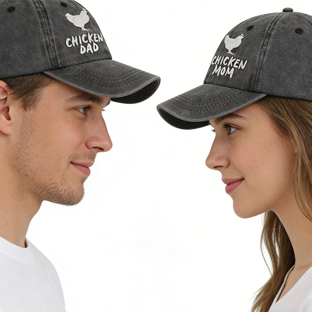 Set Of 2 Pcs Chicken Dad And Chicken Mom Hat, Funny Adjustable Washed Cotton Embroidered Farm Baseball Cap