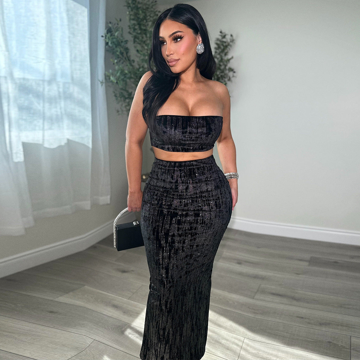 Womens Midriff-baring Tube Top And Skirt Set
