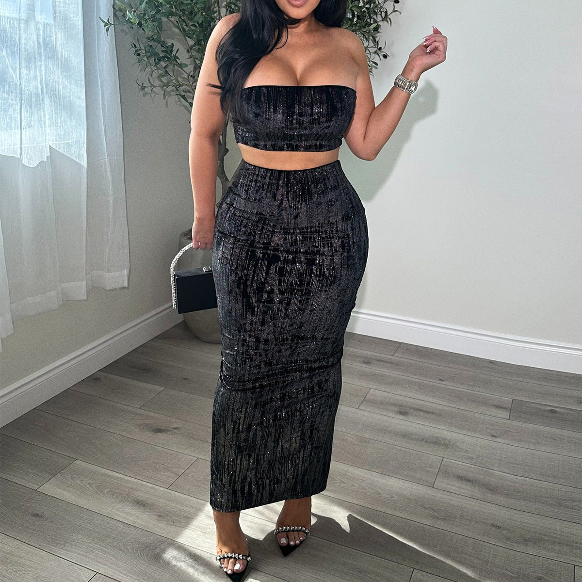 Womens Midriff-baring Tube Top And Skirt Set